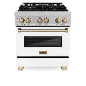 ZLINE Autograph 30" 4.0 cu. ft. Legacy Dual Fuel Range with 4 Burner Gas Cooktop and Electric Convection Oven in Satin Stainless Steel with White Matte Door and Champagne Bronze Accents, RASZ-WM-30-CB