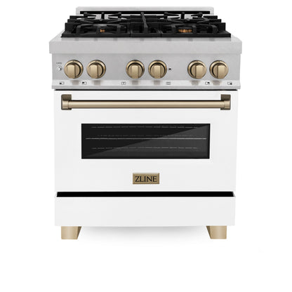 ZLINE Autograph 30" 4.0 cu. ft. Legacy Dual Fuel Range with 4 Burner Gas Cooktop and Electric Convection Oven in Satin Stainless Steel with White Matte Door and Champagne Bronze Accents, RASZ-WM-30-CB