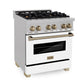 ZLINE Autograph 30" 4.0 cu. ft. Legacy Dual Fuel Range with 4 Burner Gas Cooktop and Electric Convection Oven in Satin Stainless Steel with White Matte Door and Champagne Bronze Accents, RASZ-WM-30-CB