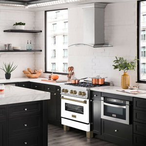 ZLINE Autograph 30" 4.0 cu. ft. Legacy Dual Fuel Range with 4 Burner Gas Cooktop and Electric Convection Oven in Satin Stainless Steel with White Matte Door and Champagne Bronze Accents, RASZ-WM-30-CB