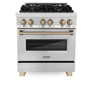 ZLINE Autograph Package - 30" Dual Fuel Range, Range Hood, Dishwasher, Refrigerator with Water and Ice Dispenser with Bronze Accents