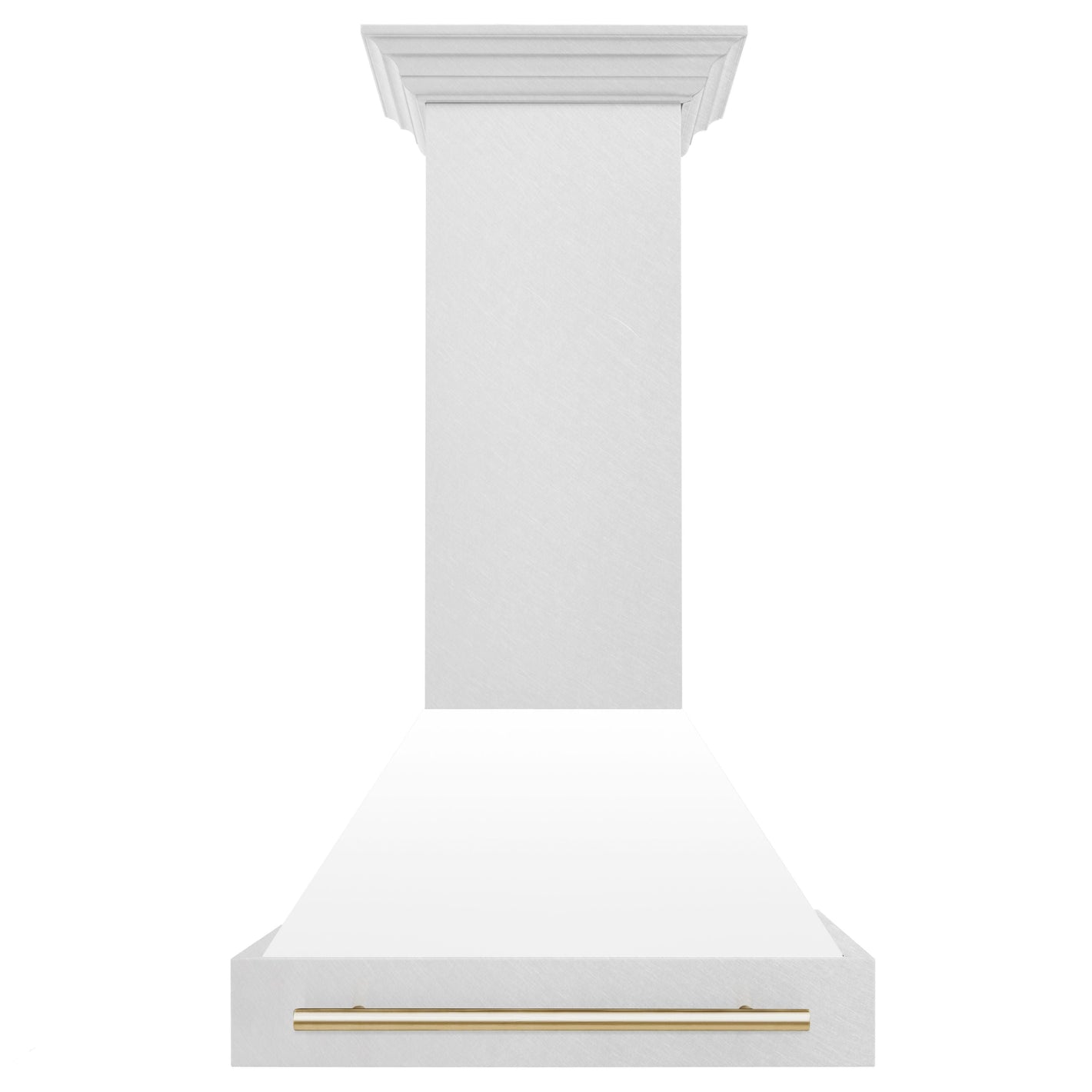 ZLINE Autograph 30" Satin Stainless Steel Wall Mount Range Hood with White Matte Shell and Polished Gold Handle, 8654SNZ-WM30-G