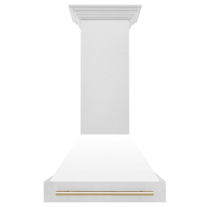 ZLINE Autograph 30" Satin Stainless Steel Wall Mount Range Hood with White Matte Shell and Polished Gold Handle, 8654SNZ-WM30-G