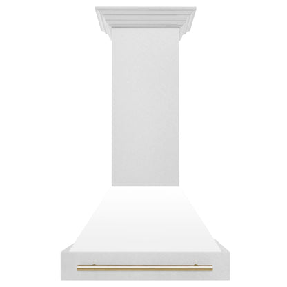 ZLINE Autograph 30" Satin Stainless Steel Wall Mount Range Hood with White Matte Shell and Polished Gold Handle, 8654SNZ-WM30-G
