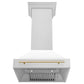 ZLINE Autograph 30" Satin Stainless Steel Wall Mount Range Hood with White Matte Shell and Polished Gold Handle, 8654SNZ-WM30-G