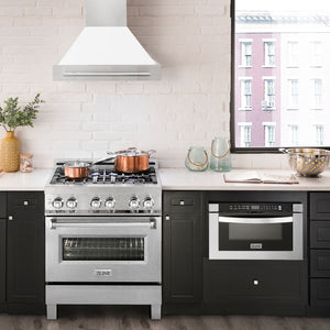 ZLINE 30" Satin Stainless Steel Wall Mount Range Hood with White Matte Shell and Stainless Steel Handle, 8654SNX-WM-30