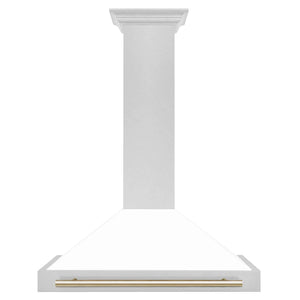 ZLINE Autograph 36" Convertible Satin Stainless Steel Wall Mount Range Hood with White Matte Shell and Polished Gold Handle, KB4SNZ-WM36-G
