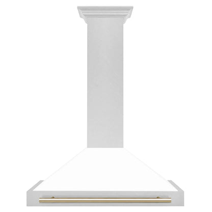 ZLINE Autograph 36" Convertible Satin Stainless Steel Wall Mount Range Hood with White Matte Shell and Polished Gold Handle, KB4SNZ-WM36-G