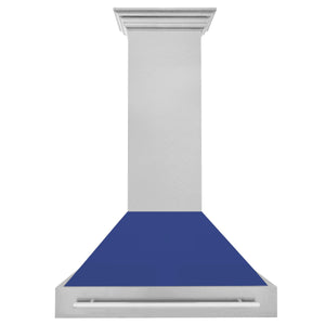 ZLINE 36" Satin Stainless Steel Wall Mount Range Hood with Blue Matte Shell and Stainless Steel Handle, 8654SNX-BM-36