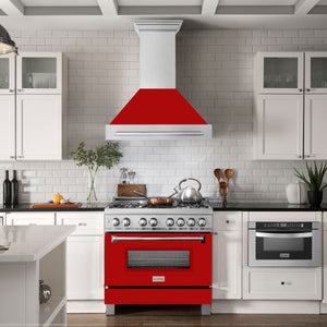 ZLINE 36" Satin Stainless Steel Wall Mount Range Hood with Red Matte Shell and Stainless Steel Handle, 8654SNX-RM-36