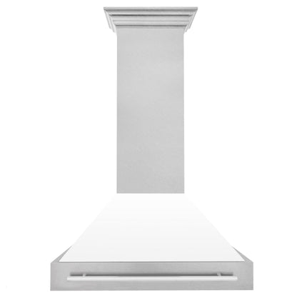 ZLINE 36" Satin Stainless Steel Wall Mount Range Hood with White Matte Shell and Stainless Steel Handle, 8654SNX-WM-36