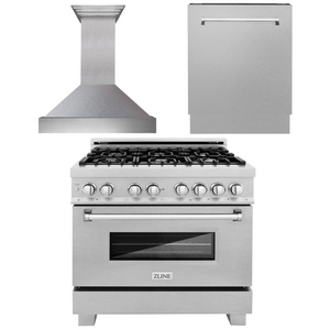 ZLINE 36 in. Kitchen Appliance Package with Satin Stainless Steel Stainless Dual Fuel Range, Ducted Vent Range Hood and Tall Tub Dishwasher, 3KP-RASRH36-DWV