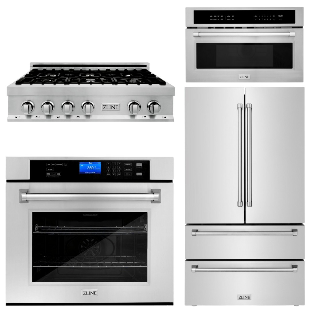 ZLINE Appliance Package - 36 In. Rangetop, 30 In. Wall Oven, Refrigerator and 30 In. Microwave Oven in Stainless Steel, 4KPR-RT36-MWAWS