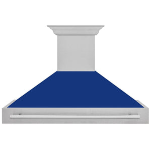 ZLINE 48" Satin Stainless Steel Wall Mount Range Hood with Blue Gloss Shell and Stainless Steel Handle, 8654SNX-BG48