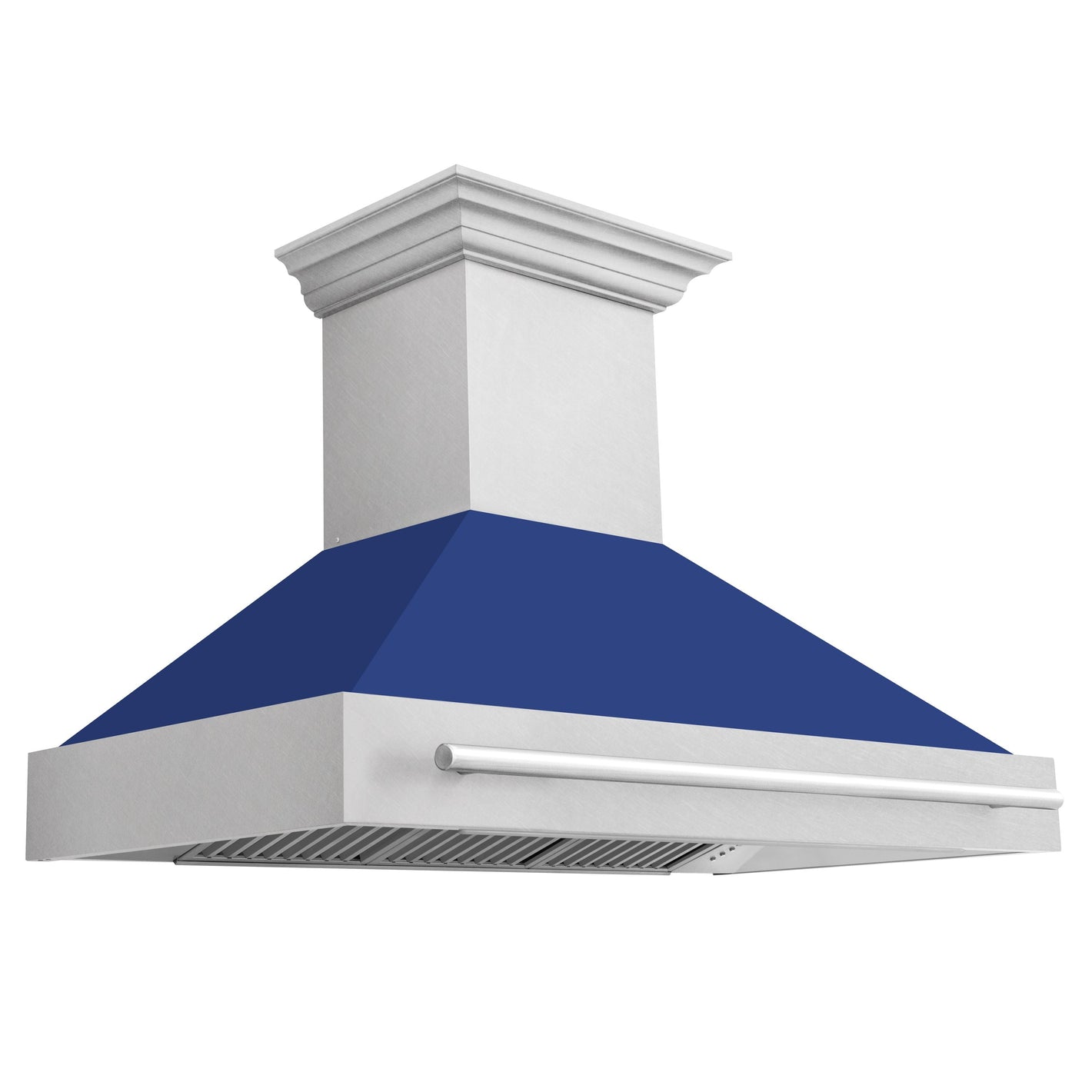 ZLINE 48" Satin Stainless Steel Wall Mount Range Hood with Blue Matte Shell and Stainless Steel Handle, 8654SNX-BM-48