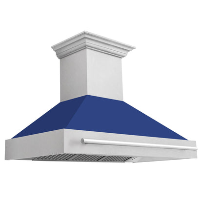 ZLINE 48" Satin Stainless Steel Wall Mount Range Hood with Blue Matte Shell and Stainless Steel Handle, 8654SNX-BM-48