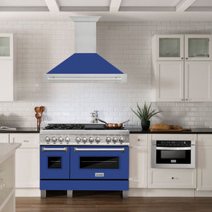 ZLINE 48" Satin Stainless Steel Wall Mount Range Hood with Blue Matte Shell and Stainless Steel Handle, 8654SNX-BM-48