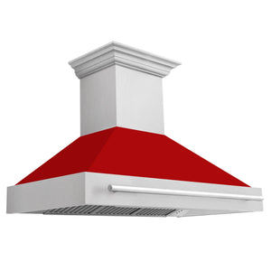 ZLINE 48" Satin Stainless Steel Wall Mount Range Hood with Red Matte Shell and Stainless Steel Handle, 8654SNX-RM-48