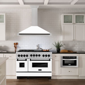 ZLINE Autograph 48" Convertible Satin Stainless Steel Wall Mount Range Hood with White Matte Shell and Matte Black Handle, KB4SNZ-WM48-MB