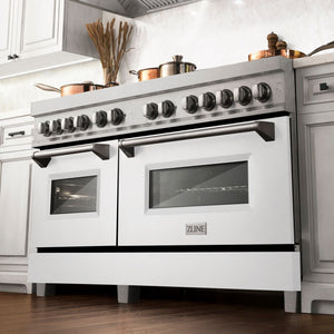 ZLINE 60" 7.4 cu. ft. Legacy Dual Fuel Range with 9 Burner Gas Cooktop and 2 Electric Convection Ovens in Satin Stainless Steel and White Matte Doors, RAS-WM-60