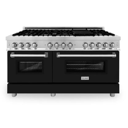 ZLINE 60" 7.4 cu. ft. Legacy Dual Fuel Range with 9 Burner Gas Cooktop and 2 Electric Convection Ovens in Satin Stainless Steel and Black Matte Doors, RAS-BLM-60