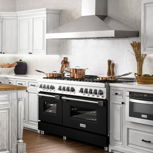 ZLINE 60" 7.4 cu. ft. Legacy Dual Fuel Range with 9 Burner Gas Cooktop and 2 Electric Convection Ovens in Satin Stainless Steel and Black Matte Doors, RAS-BLM-60