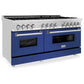 ZLINE 60" 7.4 cu. ft. Legacy Dual Fuel Range with 9 Burner Gas Cooktop and 2 Electric Convection Ovens in Satin Stainless Steel and Blue Gloss Doors, RAS-BG-60