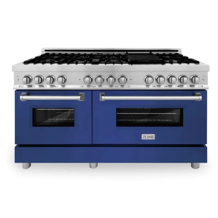 ZLINE 60" 7.4 cu. ft. Legacy Dual Fuel Range with 9 Burner Gas Cooktop and 2 Electric Convection Ovens in Satin Stainless Steel and Blue Gloss Doors, RAS-BG-60