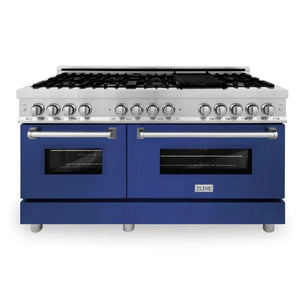 ZLINE 60" 7.4 cu. ft. Legacy Dual Fuel Range with 9 Burner Gas Cooktop and 2 Electric Convection Ovens in Satin Stainless Steel and Blue Gloss Doors, RAS-BG-60