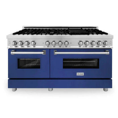 ZLINE 60" 7.4 cu. ft. Legacy Dual Fuel Range with 9 Burner Gas Cooktop and 2 Electric Convection Ovens in Satin Stainless Steel and Blue Gloss Doors, RAS-BG-60