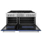 ZLINE 60" 7.4 cu. ft. Legacy Dual Fuel Range with 9 Burner Gas Cooktop and 2 Electric Convection Ovens in Satin Stainless Steel and Blue Gloss Doors, RAS-BG-60