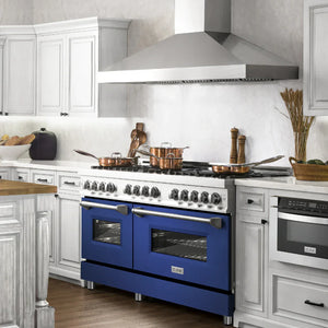 ZLINE 60" 7.4 cu. ft. Legacy Dual Fuel Range with 9 Burner Gas Cooktop and 2 Electric Convection Ovens in Satin Stainless Steel and Blue Gloss Doors, RAS-BG-60