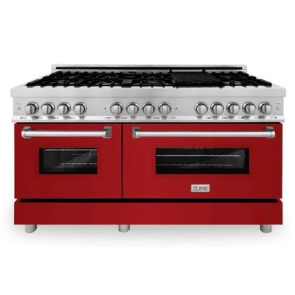 ZLINE 60" 7.4 cu. ft. Legacy Dual Fuel Range with 9 Burner Gas Cooktop and 2 Electric Convection Ovens in Satin Stainless Steel and Red Gloss Doors, RAS-RG-60