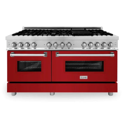 ZLINE 60" 7.4 cu. ft. Legacy Dual Fuel Range with 9 Burner Gas Cooktop and 2 Electric Convection Ovens in Satin Stainless Steel and Red Matte Doors, RAS-RM-60