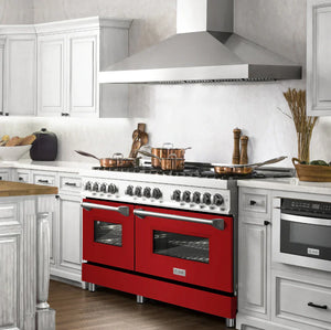 ZLINE 60" 7.4 cu. ft. Legacy Dual Fuel Range with 9 Burner Gas Cooktop and 2 Electric Convection Ovens in Satin Stainless Steel and Red Matte Doors, RAS-RM-60