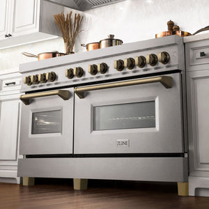 ZLINE Autograph 60" 7.4 cu. ft. Legacy Dual Fuel Range with 9 Burner Gas Cooktop and 2 Electric Convection Ovens in Satin Stainless Steel and Champagne Bronze Accents, RASZ-SN-60-CB