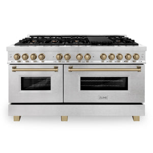 ZLINE Autograph 60" 7.4 cu. ft. Legacy Dual Fuel Range with 9 Burner Gas Cooktop and 2 Electric Convection Ovens in Satin Stainless Steel and Champagne Bronze Accents, RASZ-SN-60-CB