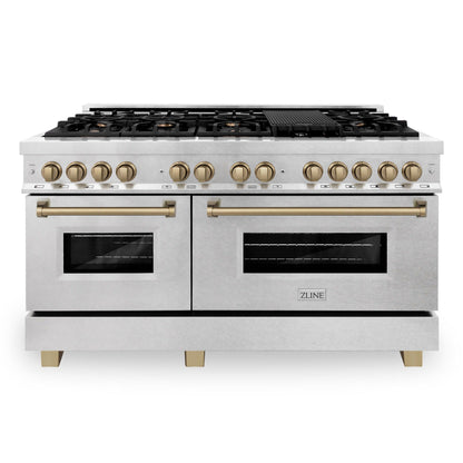 ZLINE Autograph 60" 7.4 cu. ft. Legacy Dual Fuel Range with 9 Burner Gas Cooktop and 2 Electric Convection Ovens in Satin Stainless Steel and Champagne Bronze Accents, RASZ-SN-60-CB