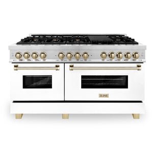ZLINE Autograph 60" 7.4 cu. ft. Legacy Dual Fuel Range with 9 Burner Gas Cooktop and 2 Electric Convection Ovens in Satin Stainless Steel with White Matte Doors and Polished Gold Accents, RASZ-WM-60-G