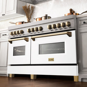 ZLINE Autograph 60" 7.4 cu. ft. Legacy Dual Fuel Range with 9 Burner Gas Cooktop and 2 Electric Convection Ovens in Satin Stainless Steel with White Matte Doors and Polished Gold Accents, RASZ-WM-60-G