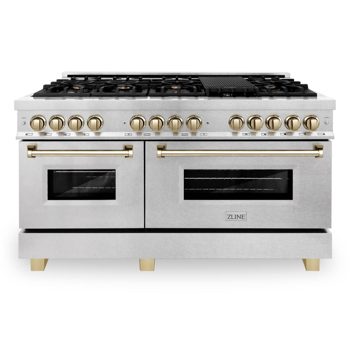ZLINE Autograph 60" 7.4 cu. ft. Legacy Dual Fuel Range with 9 Burner Gas Cooktop and 2 Electric Convection Ovens in Satin Stainless Steel and Polished Gold Accents, RASZ-SN-60-G