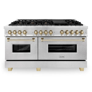 ZLINE Autograph 60" 7.4 cu. ft. Legacy Dual Fuel Range with 9 Burner Gas Cooktop and 2 Electric Convection Ovens in Satin Stainless Steel and Polished Gold Accents, RASZ-SN-60-G