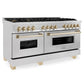 ZLINE Autograph 60" 7.4 cu. ft. Legacy Dual Fuel Range with 9 Burner Gas Cooktop and 2 Electric Convection Ovens in Satin Stainless Steel and Polished Gold Accents, RASZ-SN-60-G