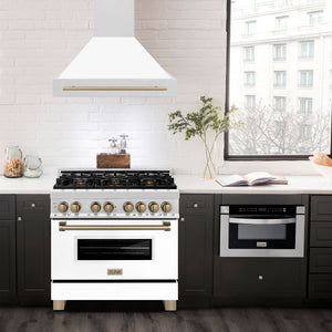ZLINE Autograph 36" Satin Stainless Steel Wall Mount Range Hood with White Matte Shell and Champagne Bronze Handle, 8654SNZ-WM36-CB