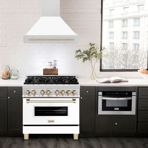 ZLINE Autograph 36" Satin Stainless Steel Wall Mount Range Hood with White Matte Shell and Polished Gold Handle, 8654SNZ-WM36-G