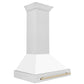 ZLINE Autograph 36" Satin Stainless Steel Wall Mount Range Hood with White Matte Shell and Polished Gold Handle, 8654SNZ-WM36-G