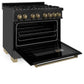 ZLINE Autograph Package - 36" Dual Fuel Range, Range Hood, Refrigerator with Water & Ice Dispenser, Dishwasher in Black Stainless with Bronze Accents