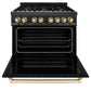 ZLINE Autograph Package - 36" Dual Fuel Range, Range Hood, Refrigerator with Water and Ice Dispenser, Microwave and Dishwasher in Black Stainless Steel with Gold Accents