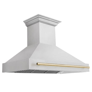 ZLINE Autograph 48" Satin Stainless Steel Wall Mount Range Hood with Polished Gold Handle, 8654SNZ-48-G