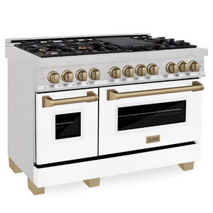 ZLINE Autograph Package - 48" Dual Fuel Range, Range Hood in Satin Stainless Steel, White Matte Door, Bronze Accents